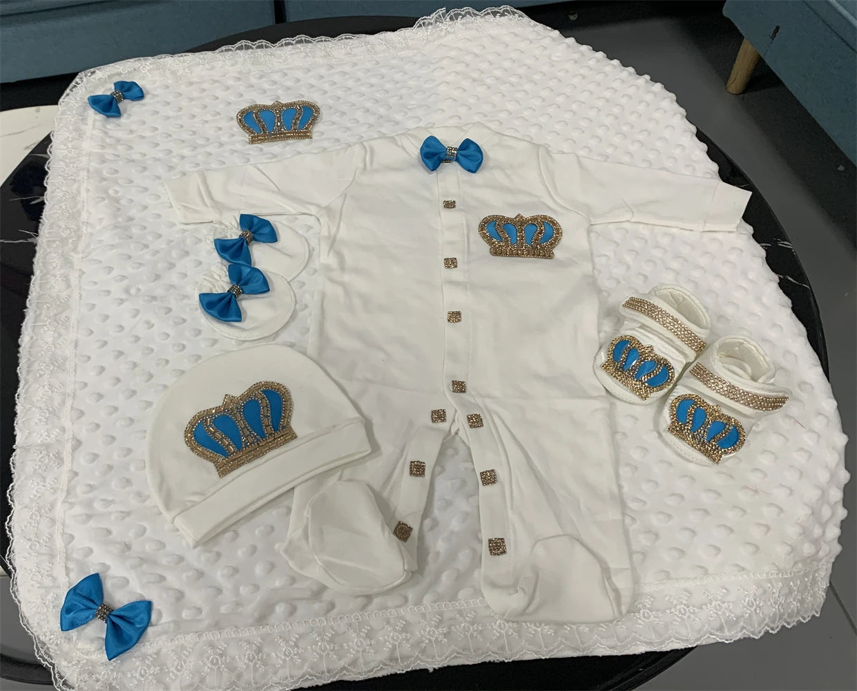 5-Piece Crown Layette with Blanket, Romper, Cap, Mittens, and Shoes