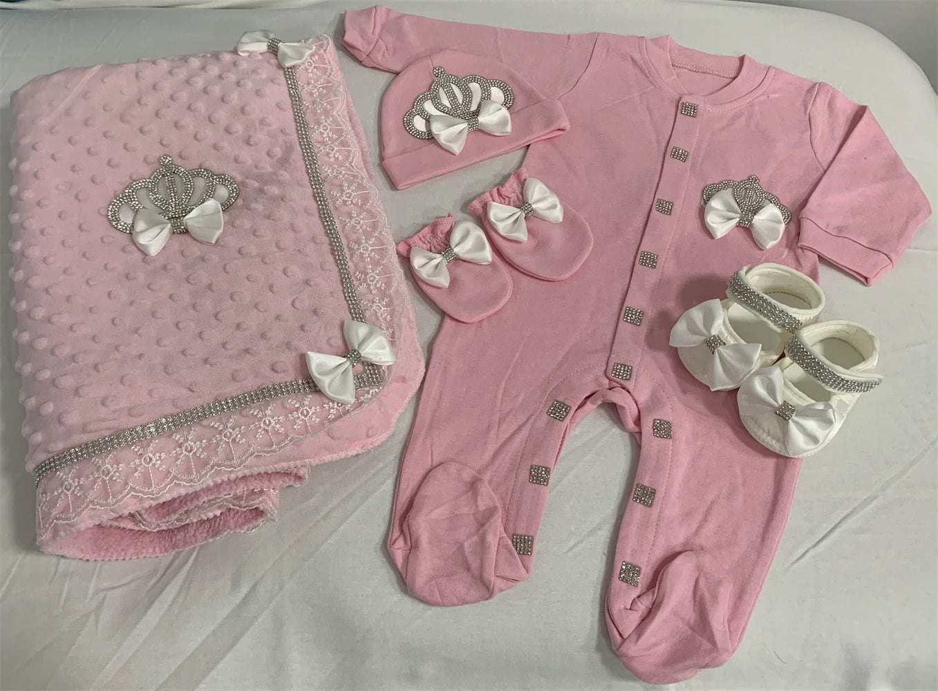 5-Piece Crown Layette with Blanket, Romper, Cap, Mittens, and Shoes