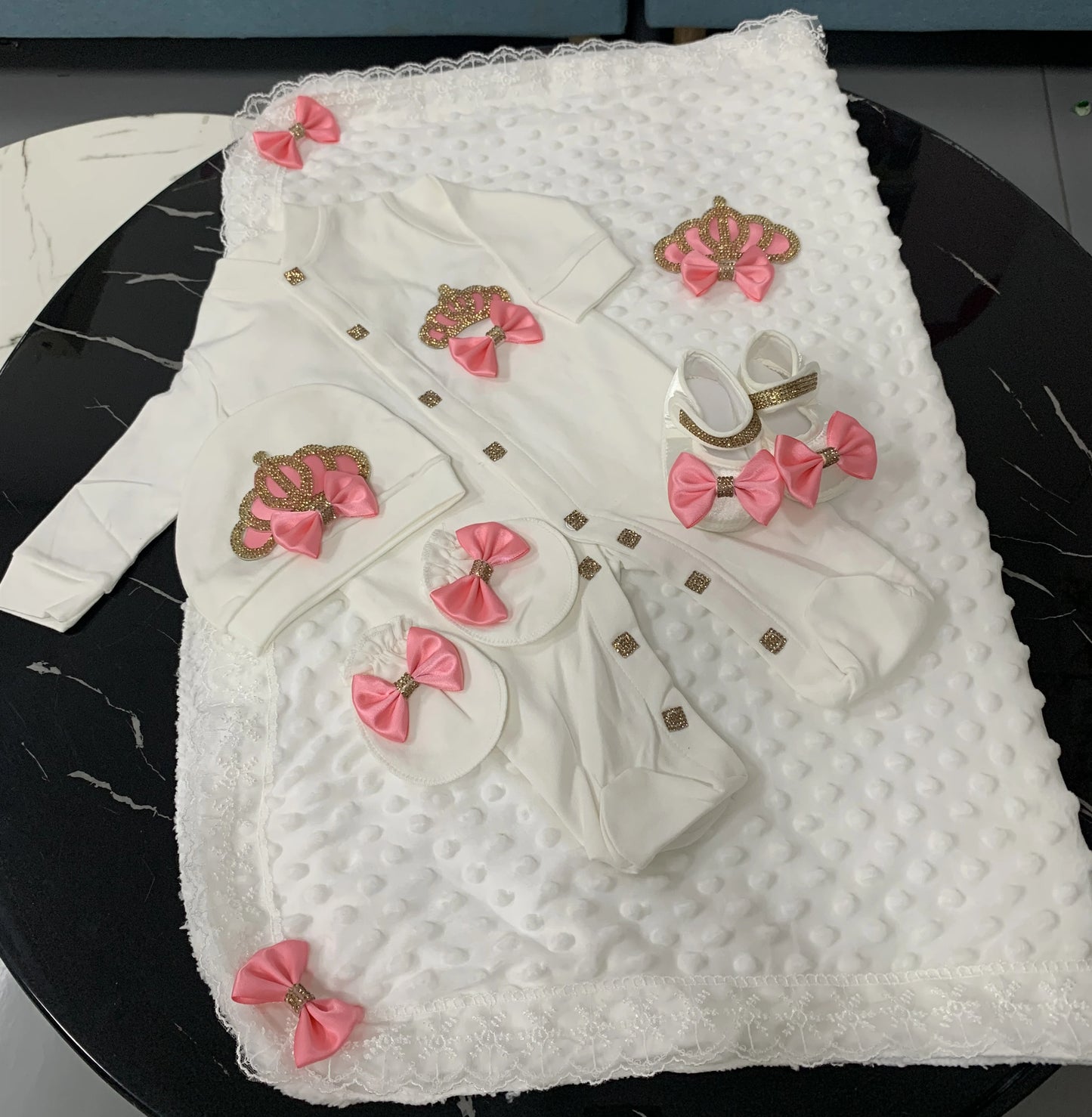 5-Piece Crown Layette with Blanket, Romper, Cap, Mittens, and Shoes