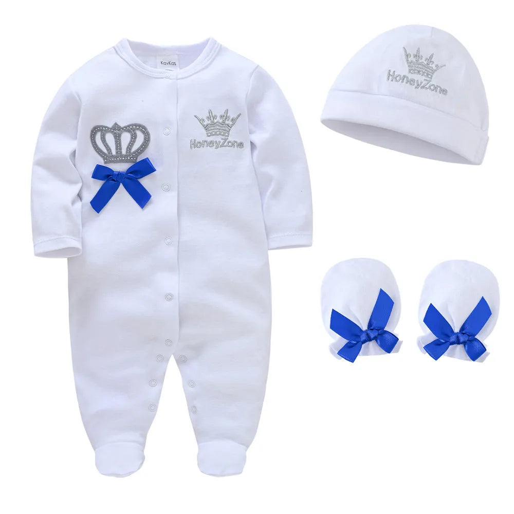 Newborn Baby Royal Crown 100% Cotton One-Piece Footie Sleep Suit with Cap and Mittens