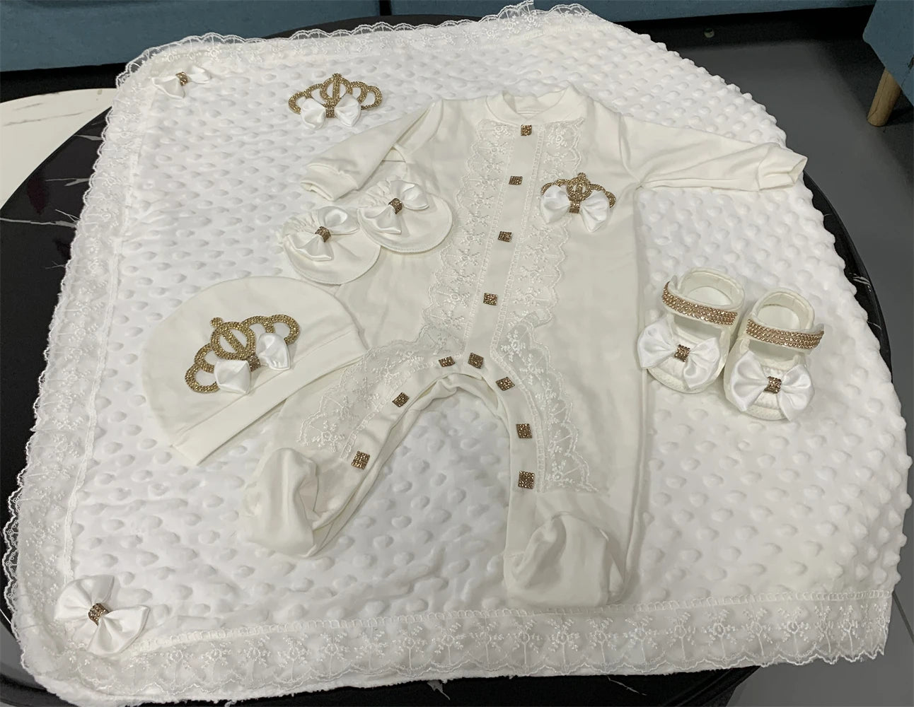 5-Piece Crown Layette with Blanket, Romper, Cap, Mittens, and Shoes