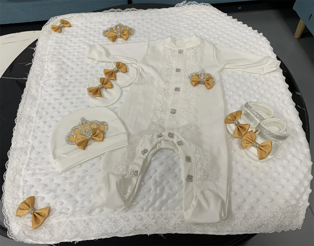 5-Piece Crown Layette with Blanket, Romper, Cap, Mittens, and Shoes