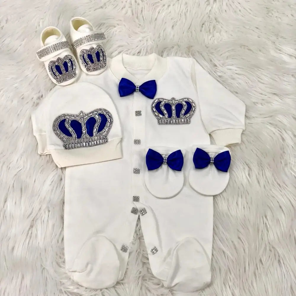 Royal Crown 4-Piece Layette with Romper, Cap, Mittens, and Shoes