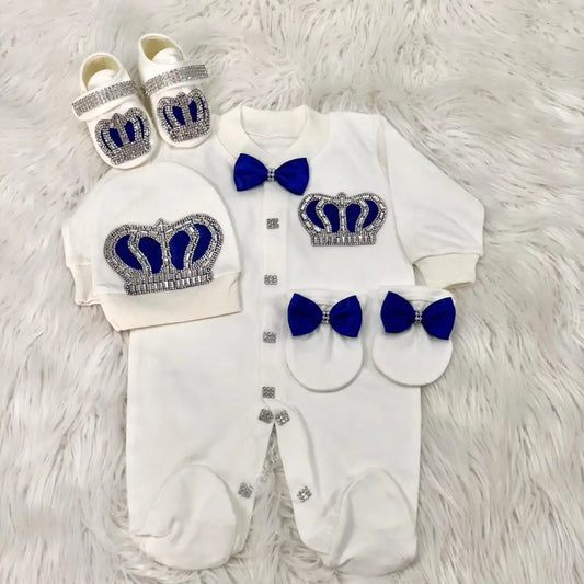 Royal Crown 4-Piece Layette with Romper, Cap, Mittens, and Shoes