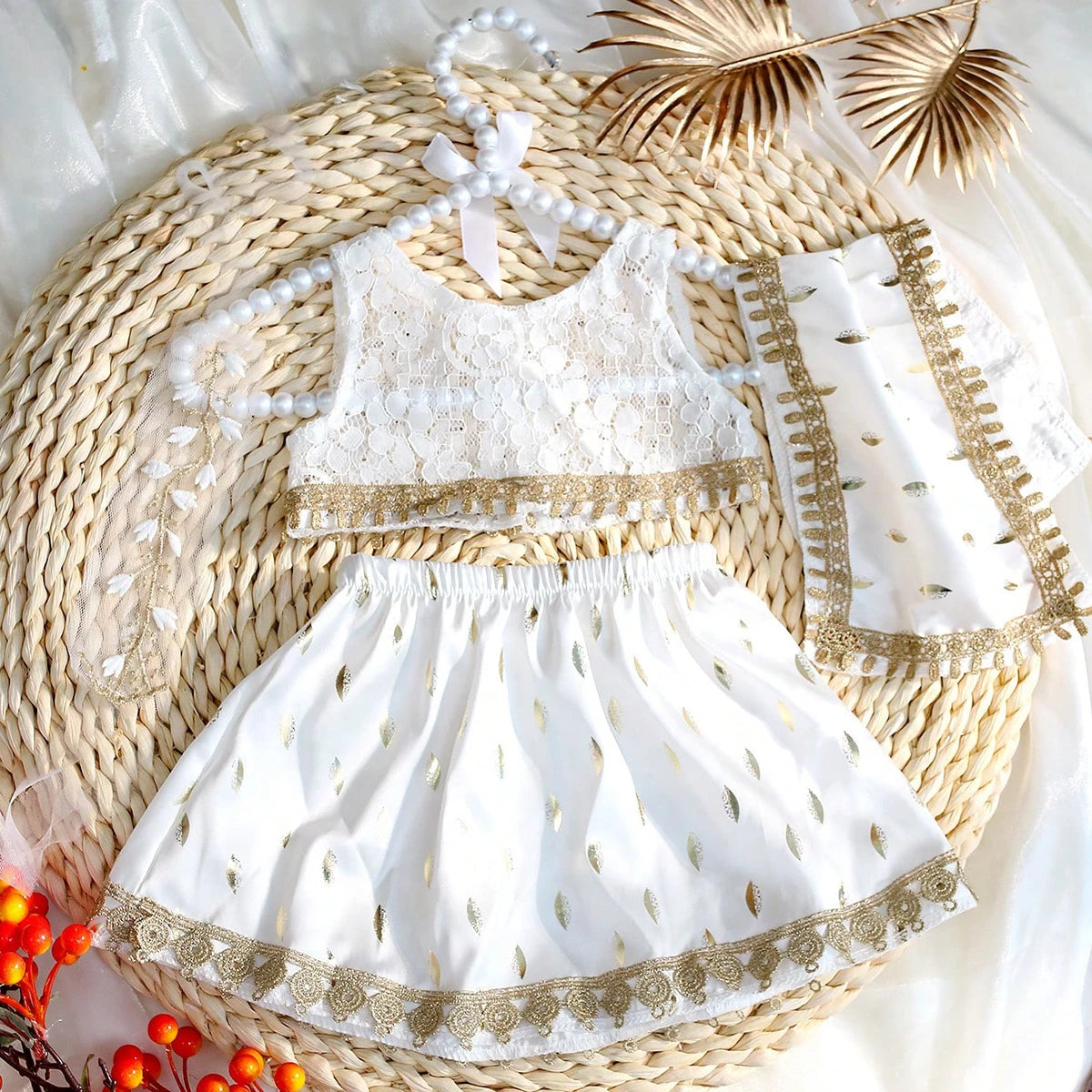 Newborn Photography  Golden Leaves Set with Short Lace Top, Skirt, and Scarf Headband