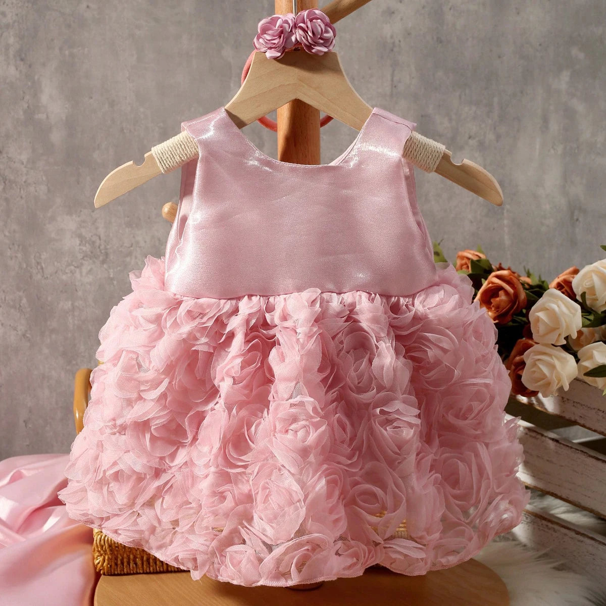 Newborn Photography Dusty Pink Bowknot Rose Dress with Headband