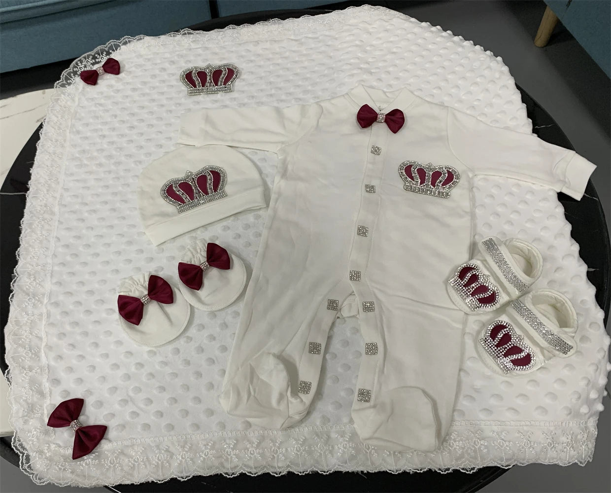 5-Piece Crown Layette with Blanket, Romper, Cap, Mittens, and Shoes