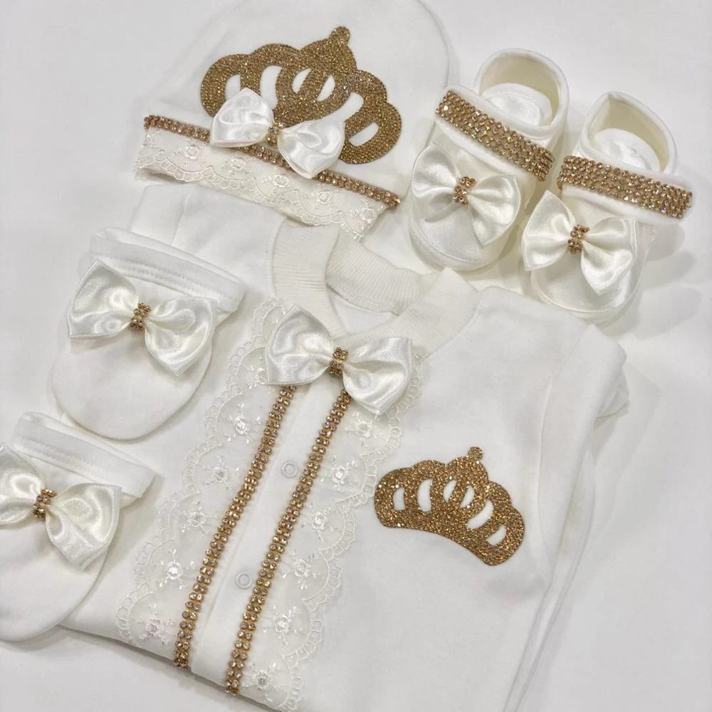 Jewelry Crown 4-Piece Layette with Romper, Cap, Mittens, and Shoes