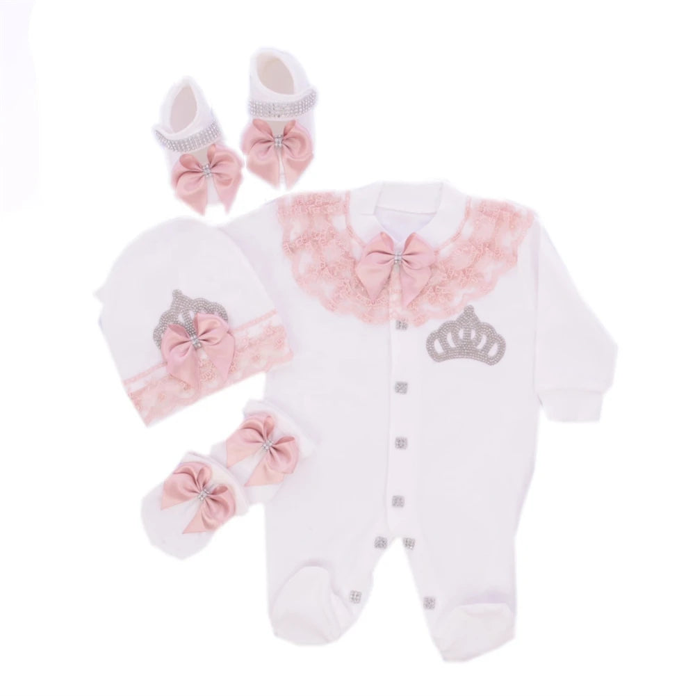 Jewelry Crown 4-Piece Layette with Romper, Cap, Mittens, and Shoes