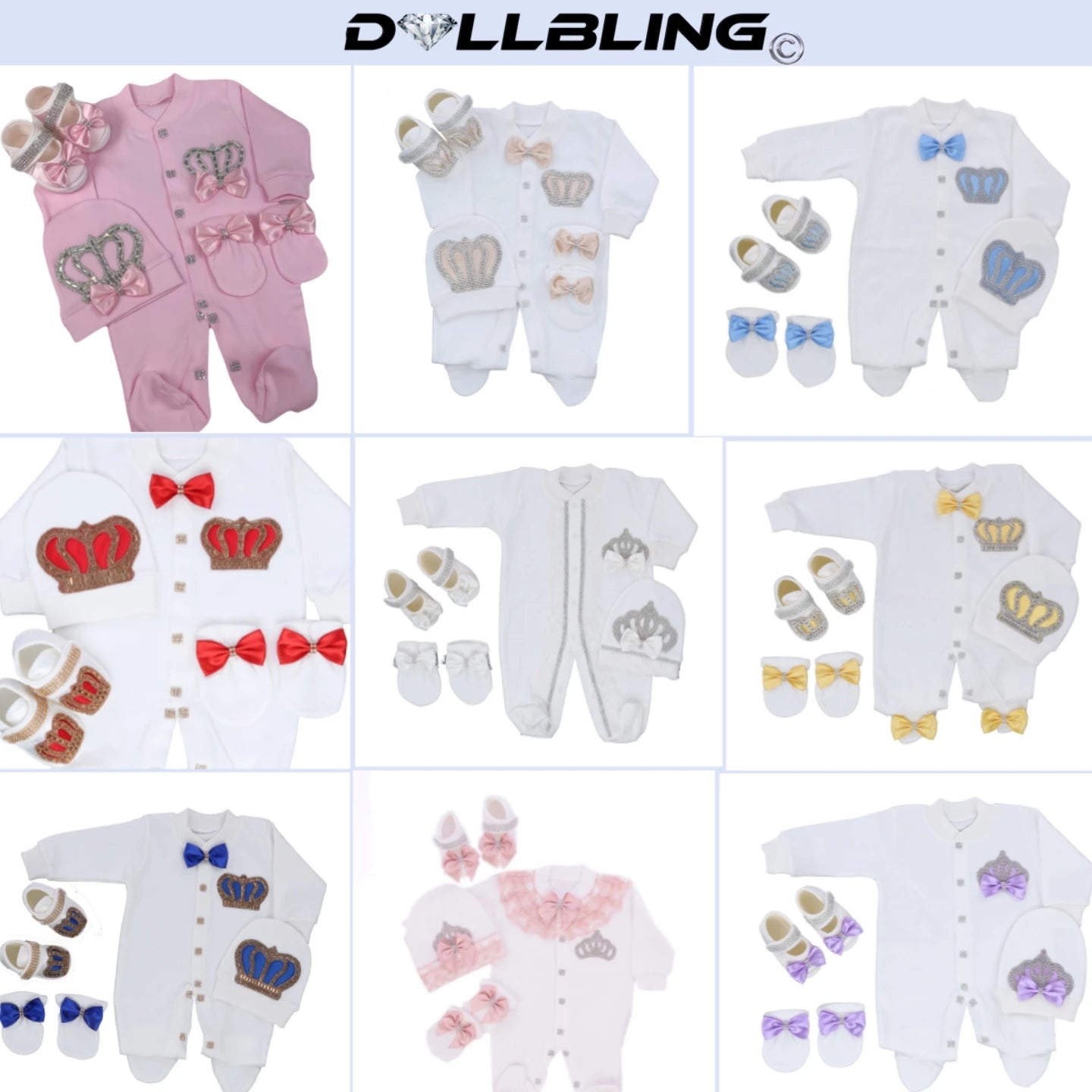 Royal Crown 4-Piece Layette with Romper, Cap, Mittens, and Shoes