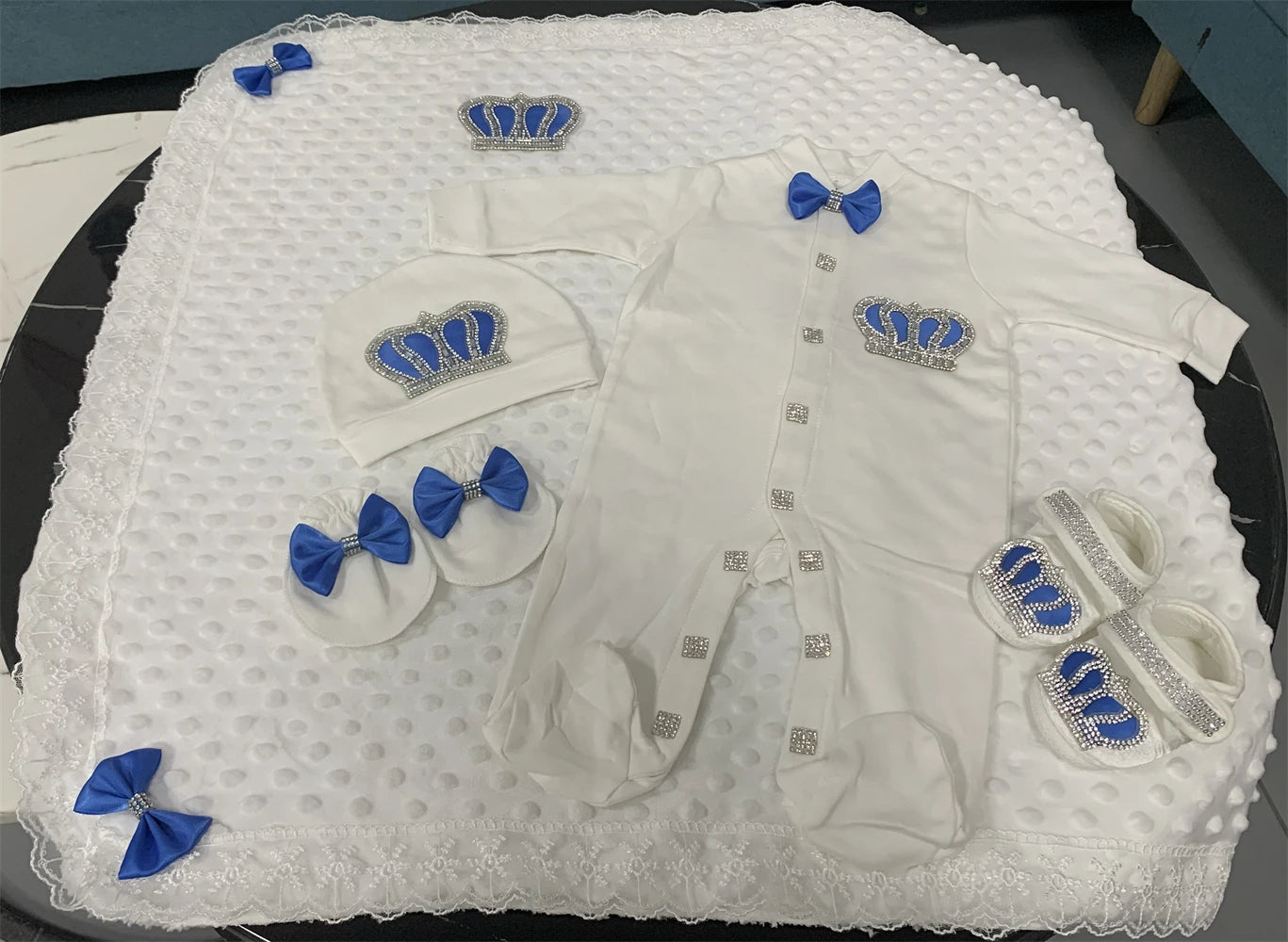 5-Piece Crown Layette with Blanket, Romper, Cap, Mittens, and Shoes