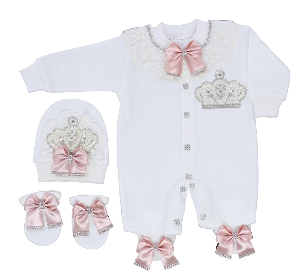Jewelry Crown 4-Piece Layette with Romper, Cap, Mittens, and Shoes