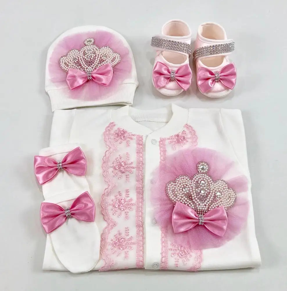 Royal Crown 4-Piece Layette with Romper, Cap, Mittens, and Shoes
