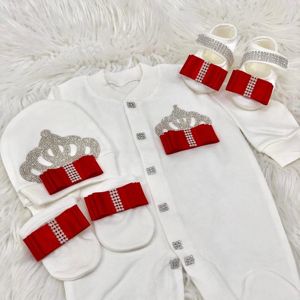 Jewelry Crown 4-Piece Layette with Romper, Cap, Mittens, and Shoes