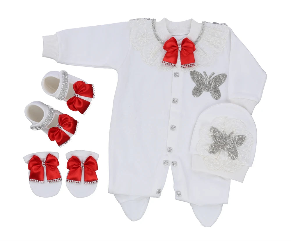 Jewelry Crown 4-Piece Layette with Romper, Cap, Mittens, and Shoes