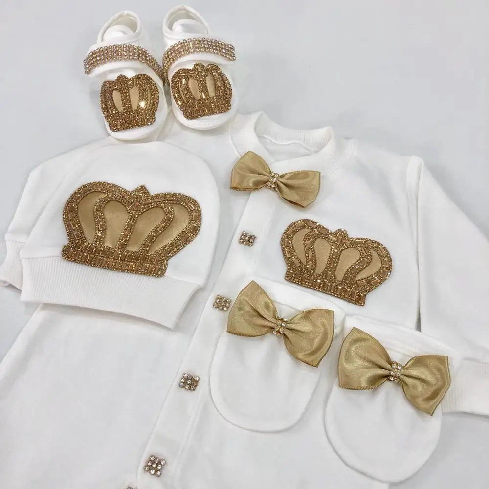 Royal Crown 4-Piece Layette with Romper, Cap, Mittens, and Shoes