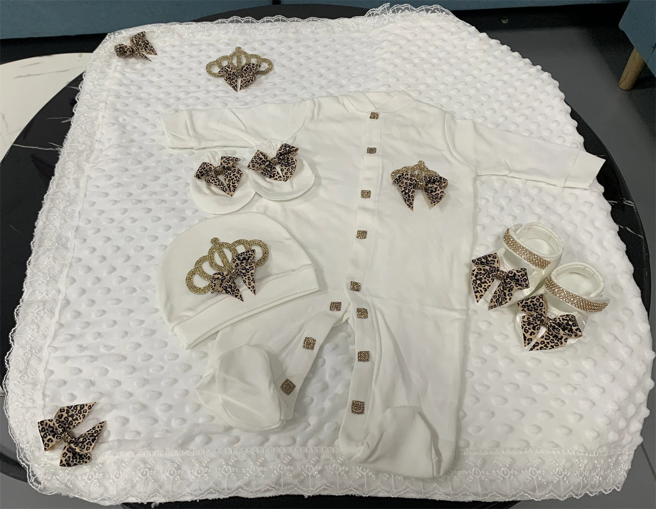 5-Piece Crown Layette with Blanket, Romper, Cap, Mittens, and Shoes