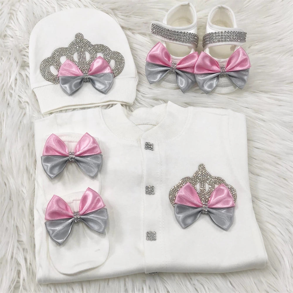 Jewelry Crown 4-Piece Layette with Romper, Cap, Mittens, and Shoes