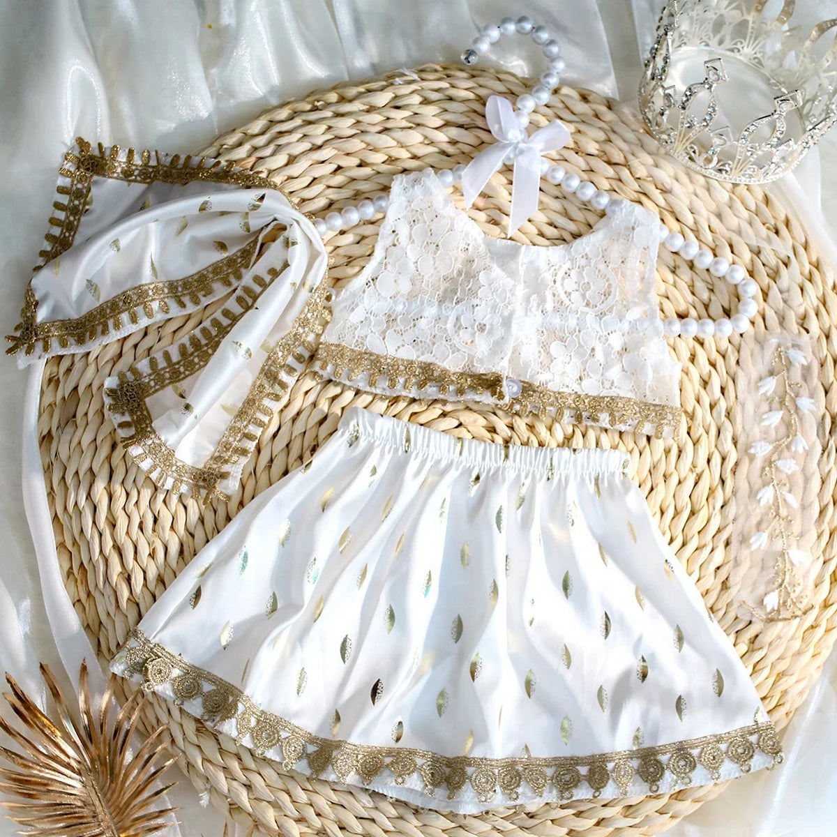 Newborn Photography  Golden Leaves Set with Short Lace Top, Skirt, and Scarf Headband
