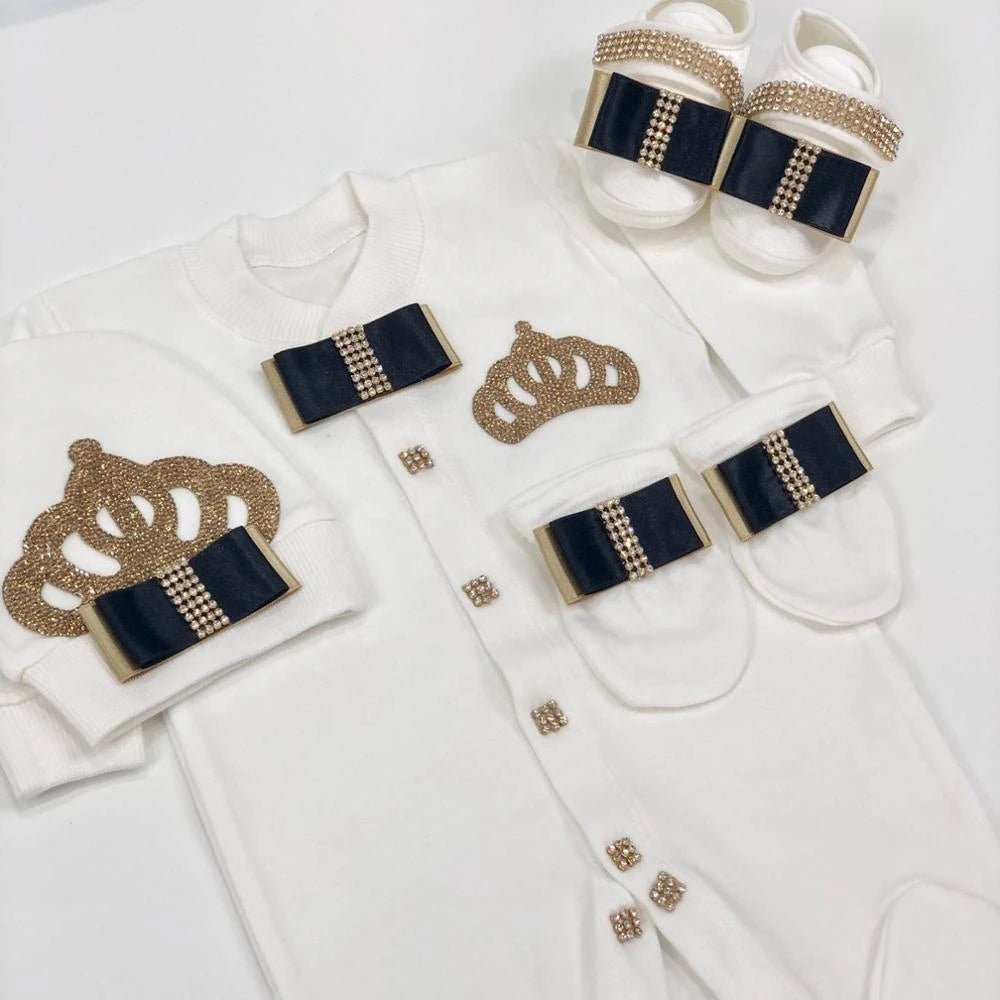 Jewelry Crown 4-Piece Layette with Romper, Cap, Mittens, and Shoes