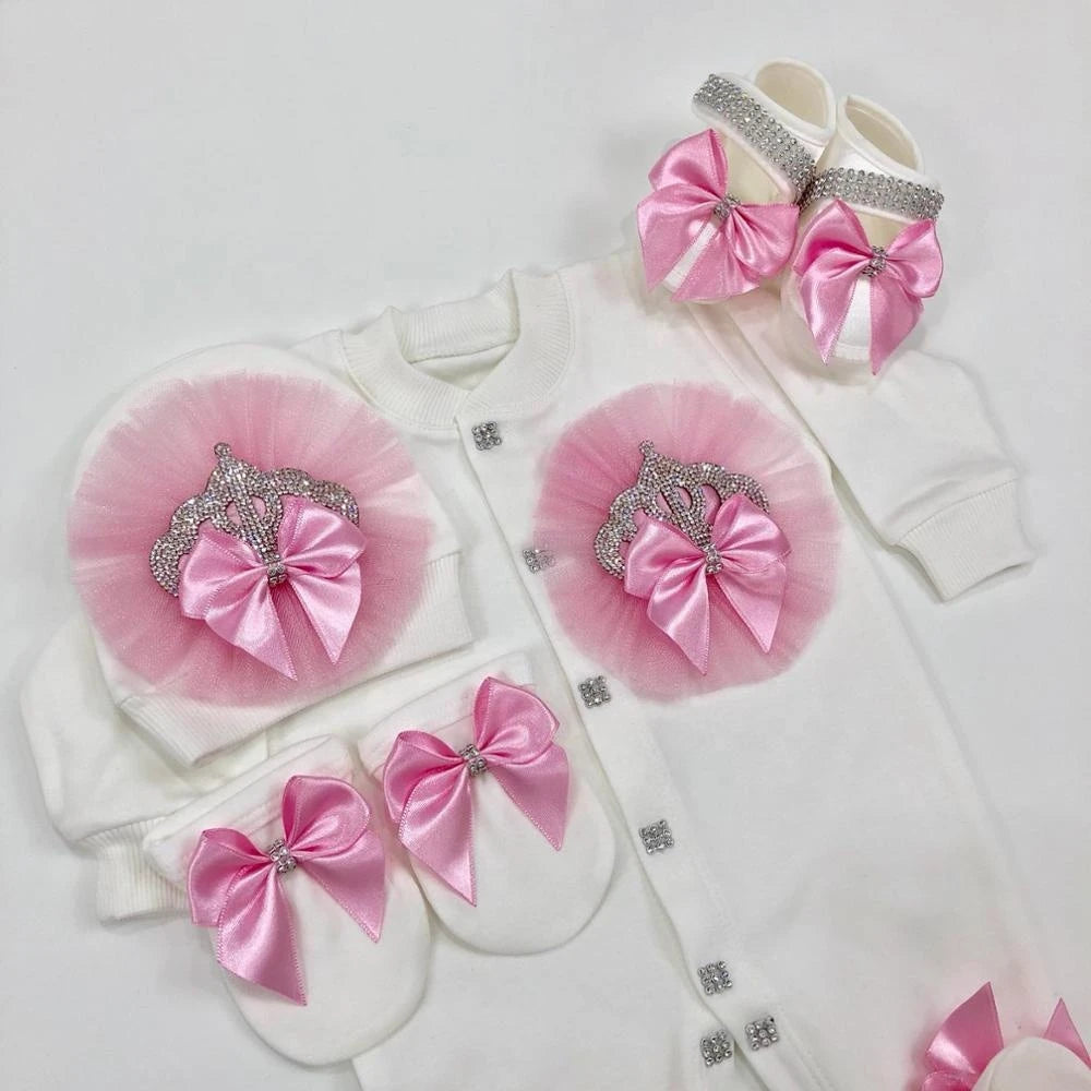Jewelry Crown 4-Piece Layette with Romper, Cap, Mittens, and Shoes