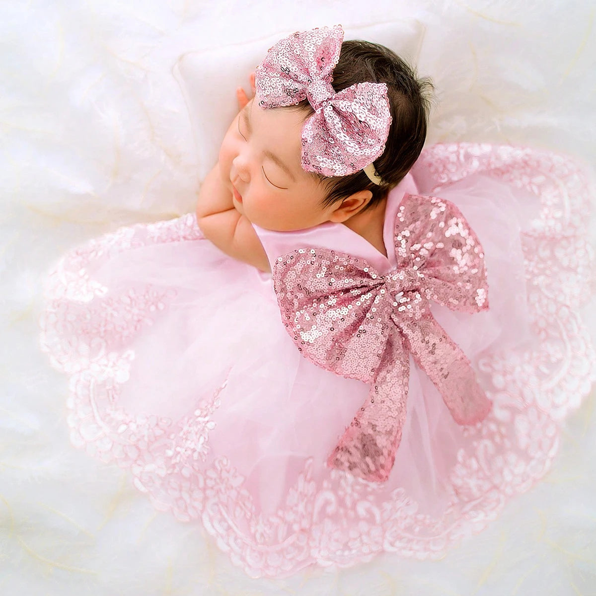 Newborn Photography Ribbon Bow Lace Glitter Dress with Headband