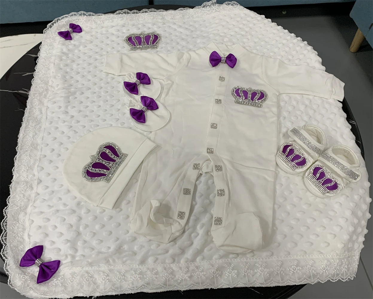 5-Piece Crown Layette with Blanket, Romper, Cap, Mittens, and Shoes