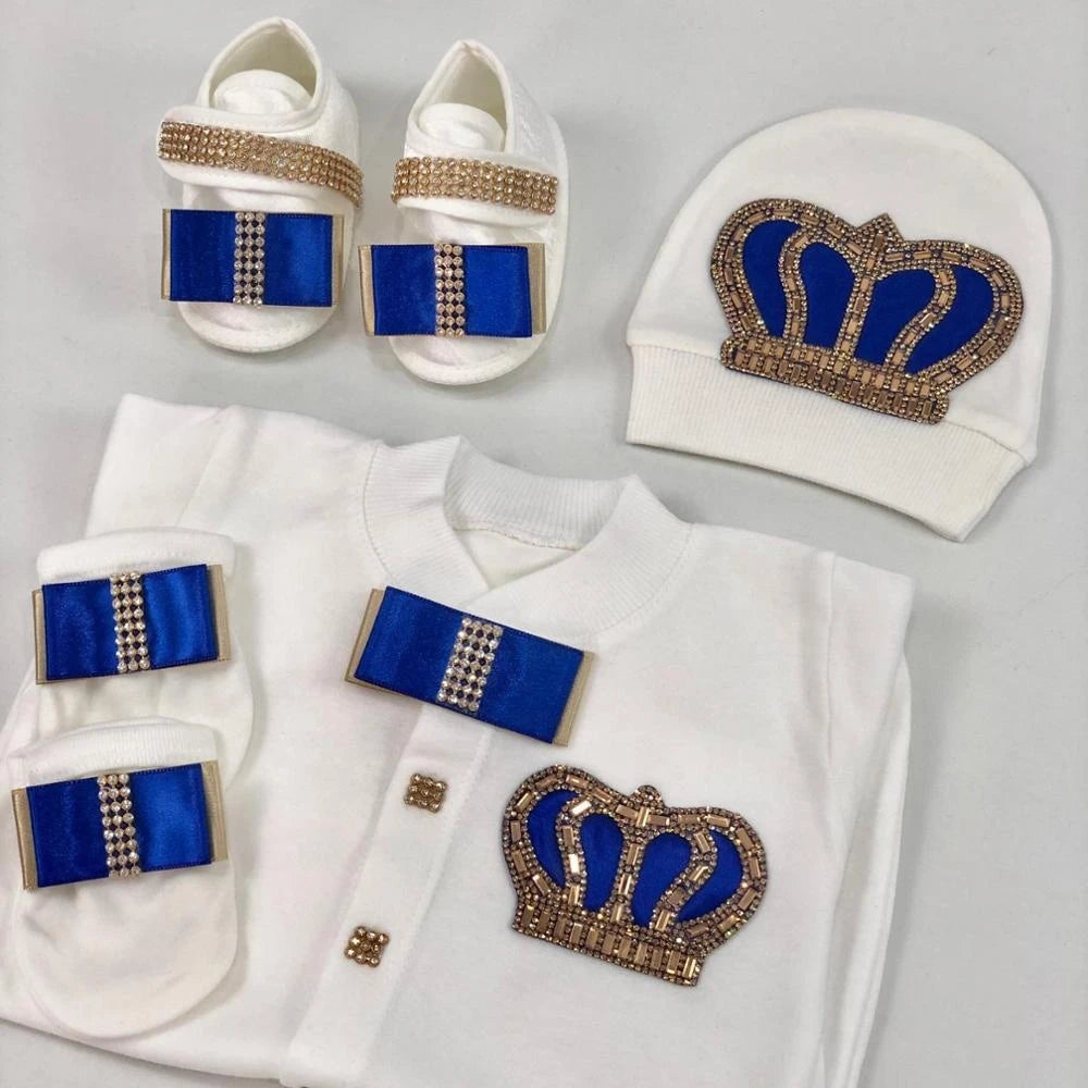 Jewelry Crown 4-Piece Layette with Romper, Cap, Mittens, and Shoes