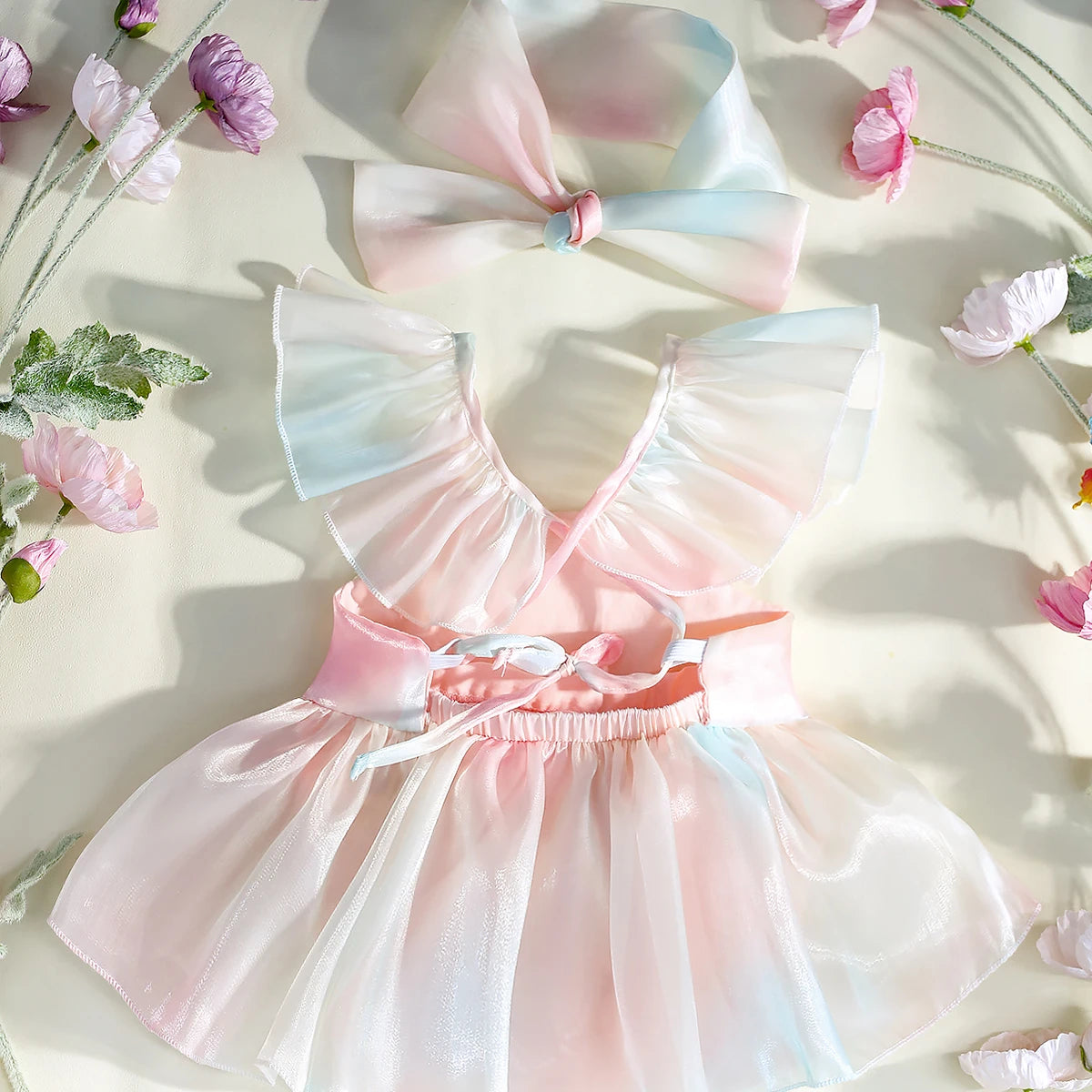 Newborn Photography Rainbow Gradient Color Romper Pleated Skirt with Headband
