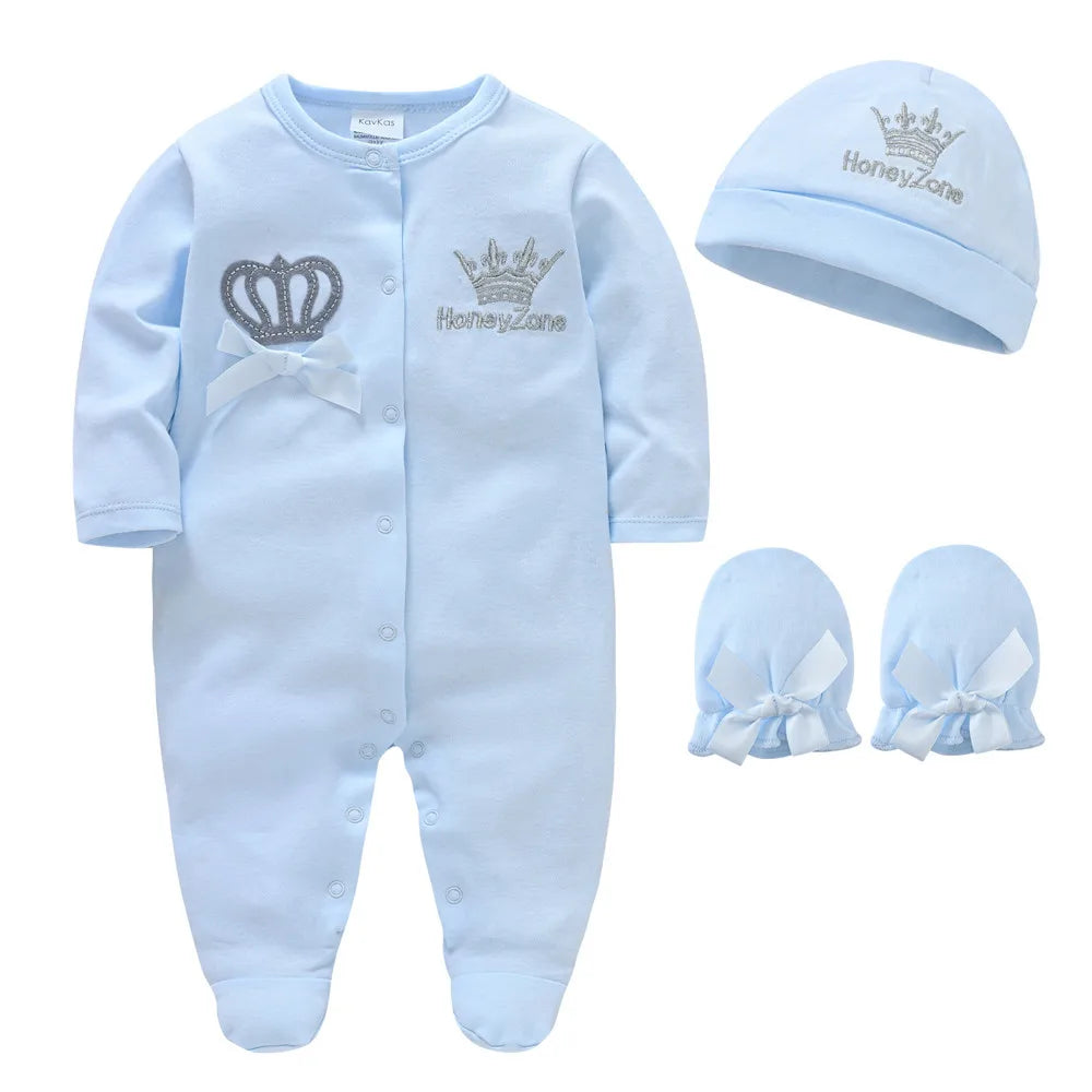Newborn Baby Royal Crown 100% Cotton One-Piece Footie Sleep Suit with Cap and Mittens