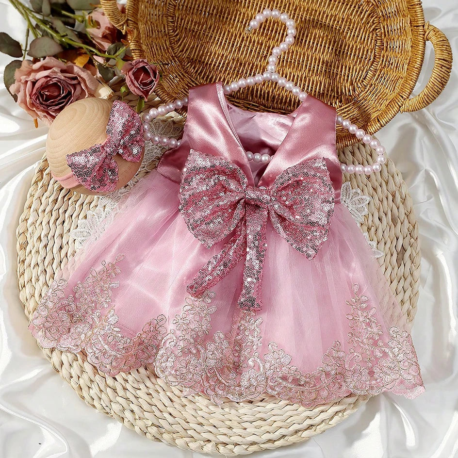 Newborn Photography Ribbon Bow Lace Glitter Dress with Headband