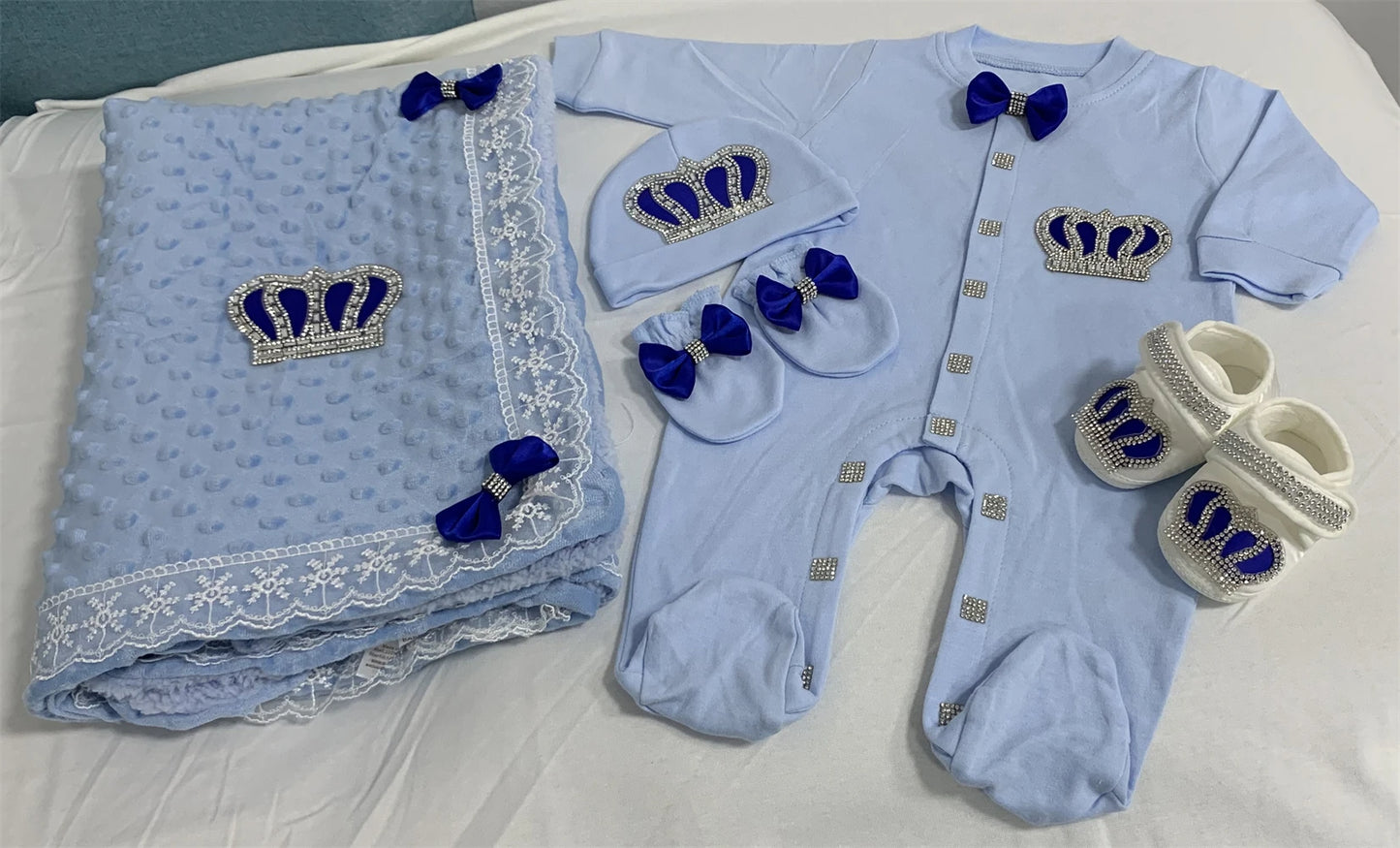 5-Piece Crown Layette with Blanket, Romper, Cap, Mittens, and Shoes