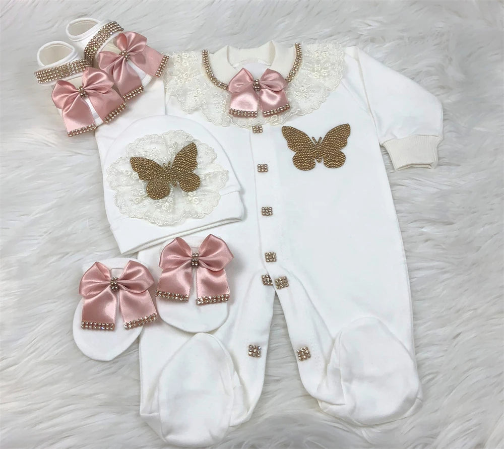 Jewelry Crown 4-Piece Layette with Romper, Cap, Mittens, and Shoes