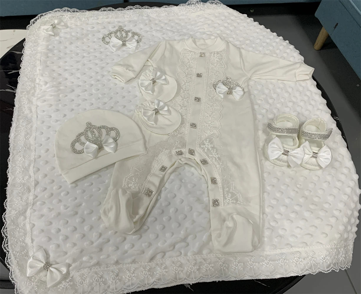 5-Piece Crown Layette with Blanket, Romper, Cap, Mittens, and Shoes