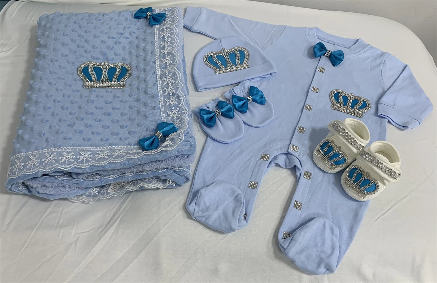 5-Piece Crown Layette with Blanket, Romper, Cap, Mittens, and Shoes