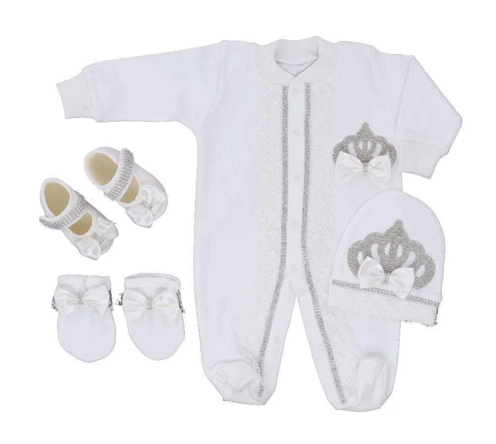 Royal Crown 4-Piece Layette with Romper, Cap, Mittens, and Shoes