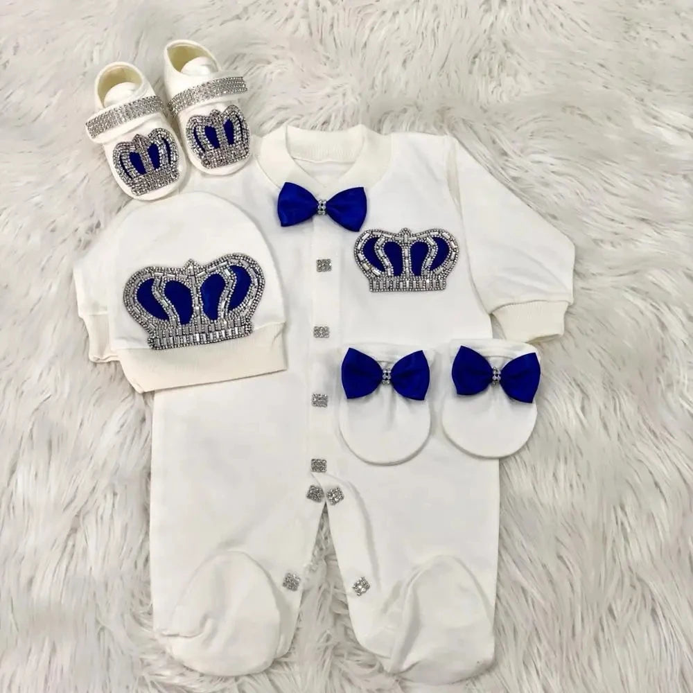 Royal Crown 4-Piece Layette with Romper, Cap, Mittens, and Shoes