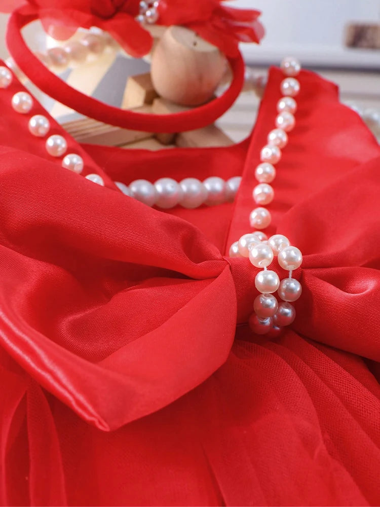 Newborn Photography 2-Piece Bow Pearl Set with Dress and Headband