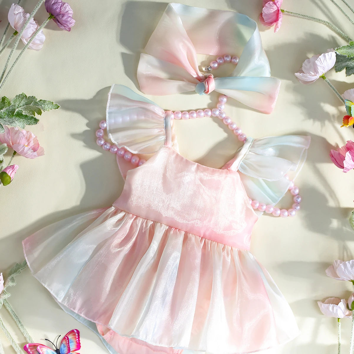 Newborn Photography Rainbow Gradient Color Romper Pleated Skirt with Headband