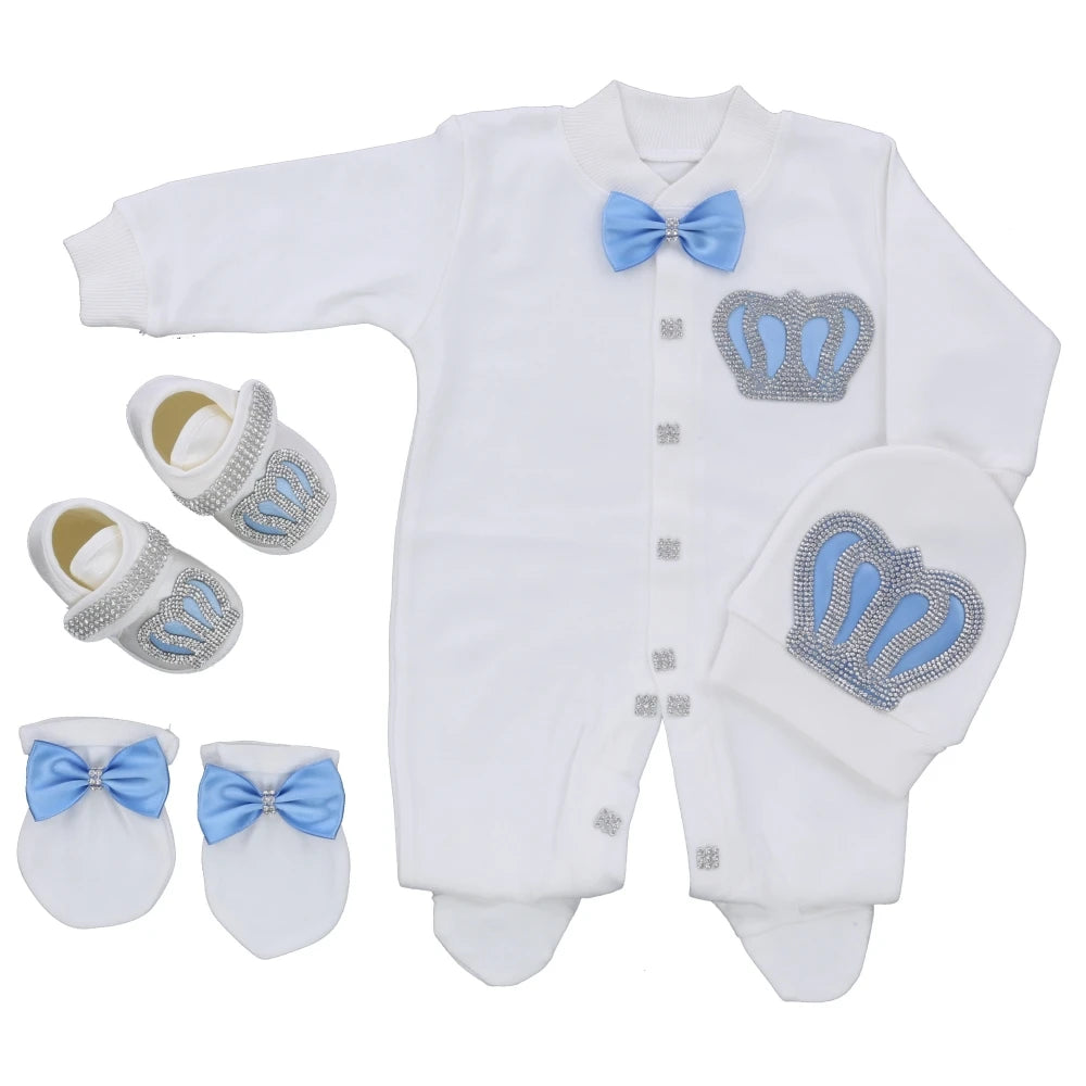 Royal Crown 4-Piece Layette with Romper, Cap, Mittens, and Shoes